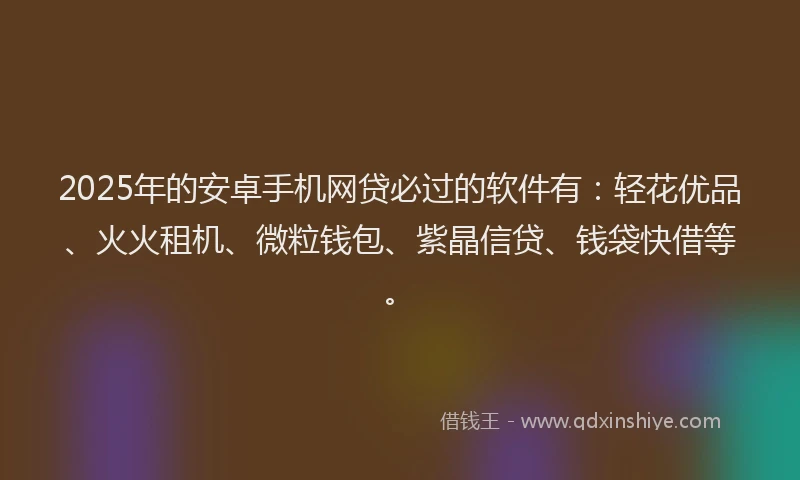 2025年的安卓手机网贷必过的软件有：轻花优品、火火租机、微粒钱包、紫晶信贷、钱袋快借等。
