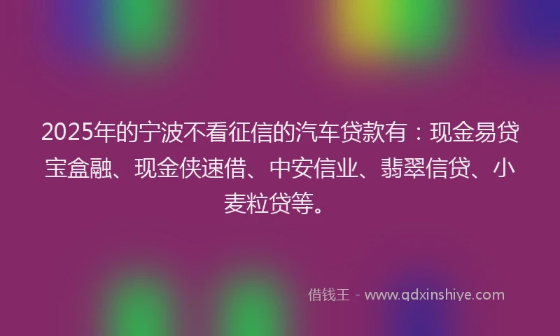 2025年的宁波不看征信的汽车贷款有：现金易贷宝盒融、现金侠速借、中安信业、翡翠信贷、小麦粒贷等。