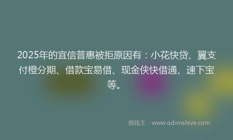 2025年的宜信普惠被拒原因有：小花快贷、翼支付橙分期、借款宝易借、现金侠快借通、速下宝等。