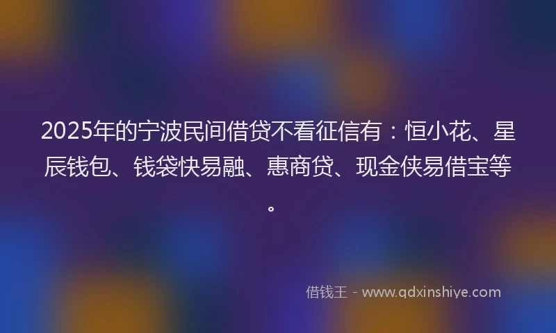 2025年的宁波民间借贷不看征信有：恒小花、星辰钱包、钱袋快易融、惠商贷、现金侠易借宝等。