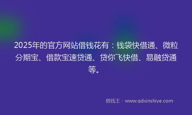 2025年的官方网站借钱花有：钱袋快借通、微粒分期宝、借款宝速贷通、贷你飞快借、易融贷通等。