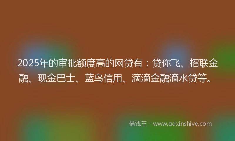 2025年的审批额度高的网贷有：贷你飞、招联金融、现金巴士、蓝鸟信用、滴滴金融滴水贷等。