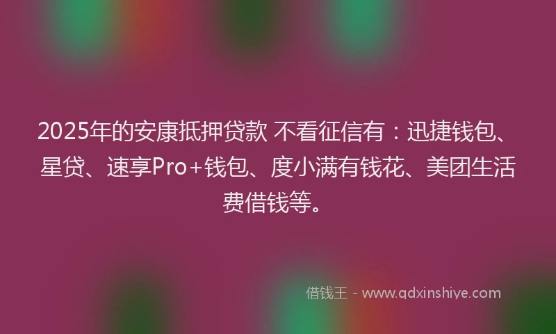 2025年的安康抵押贷款 不看征信有：迅捷钱包、星贷、速享Pro+钱包、度小满有钱花、美团生活费借钱等。
