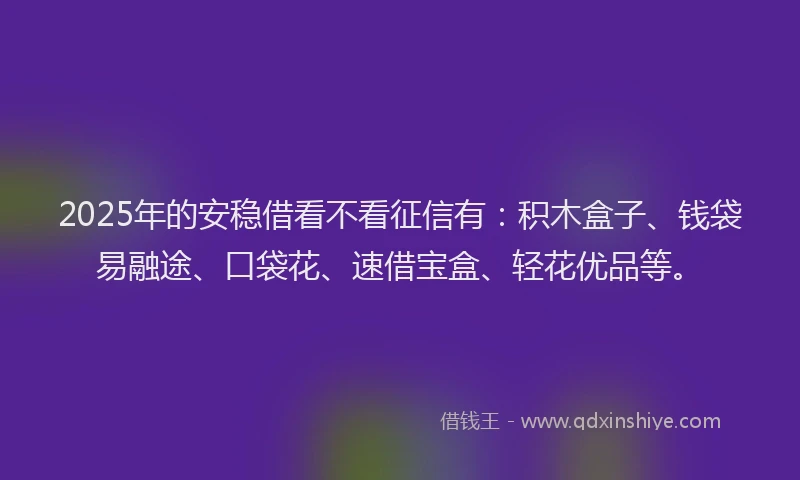 2025年的安稳借看不看征信有：积木盒子、钱袋易融途、口袋花、速借宝盒、轻花优品等。