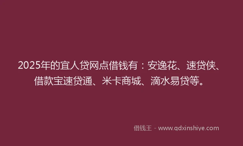 2025年的宜人贷网点借钱有：安逸花、速贷侠、借款宝速贷通、米卡商城、滴水易贷等。