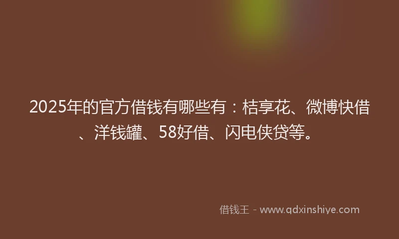 2025年的官方借钱有哪些有：桔享花、微博快借、洋钱罐、58好借、闪电侠贷等。