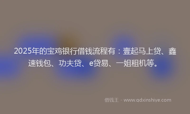2025年的宝鸡银行借钱流程有：壹起马上贷、鑫速钱包、功夫贷、e贷易、一姐租机等。