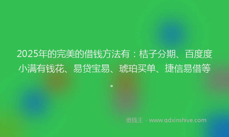 2025年的完美的借钱方法有：桔子分期、百度度小满有钱花、易贷宝易、琥珀买单、捷信易借等。
