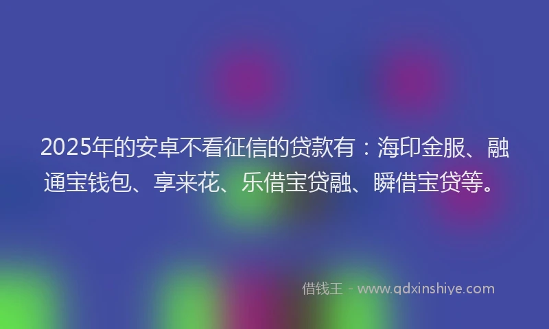 2025年的安卓不看征信的贷款有：海印金服、融通宝钱包、享来花、乐借宝贷融、瞬借宝贷等。