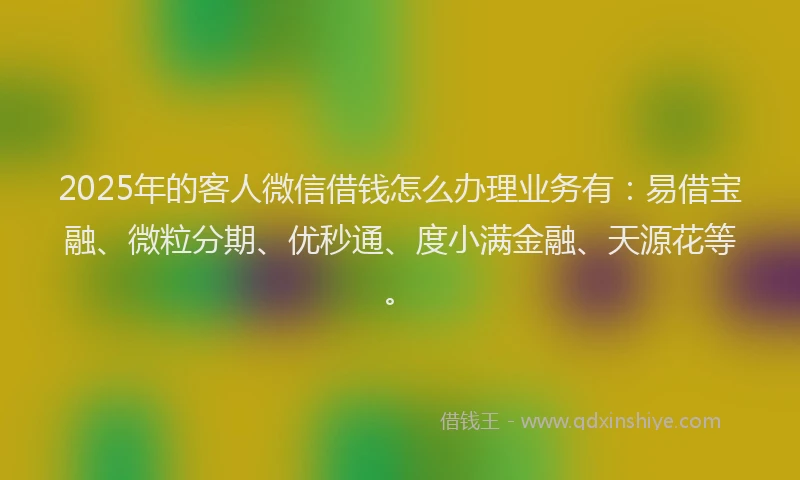 2025年的客人微信借钱怎么办理业务有：易借宝融、微粒分期、优秒通、度小满金融、天源花等。