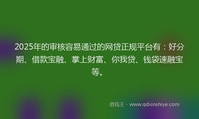 2025年的审核容易通过的网贷正规平台有：好分期、借款宝融、掌上财富、你我贷、钱袋速融宝等。