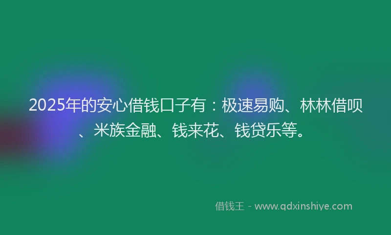 2025年的安心借钱口子有：极速易购、林林借呗、米族金融、钱来花、钱贷乐等。