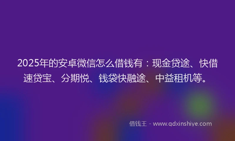 2025年的安卓微信怎么借钱有：现金贷途、快借速贷宝、分期悦、钱袋快融途、中益租机等。