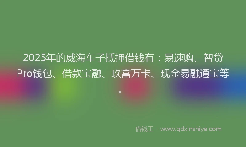 2025年的威海车子抵押借钱有：易速购、智贷Pro钱包、借款宝融、玖富万卡、现金易融通宝等。