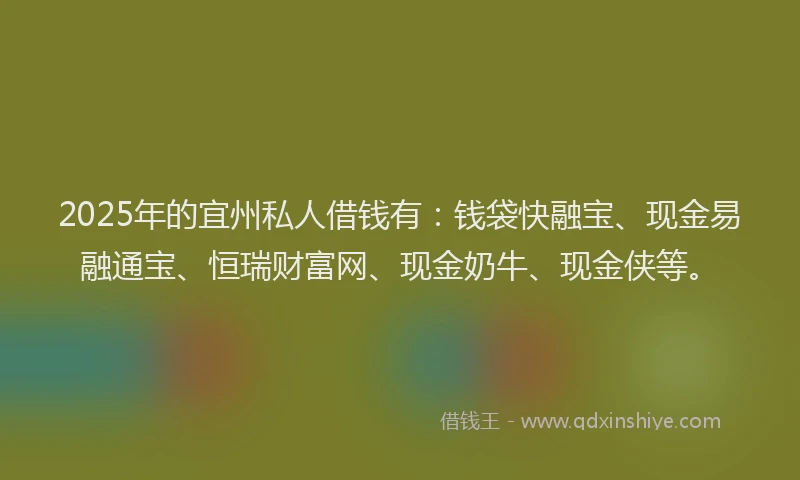 2025年的宜州私人借钱有：钱袋快融宝、现金易融通宝、恒瑞财富网、现金奶牛、现金侠等。