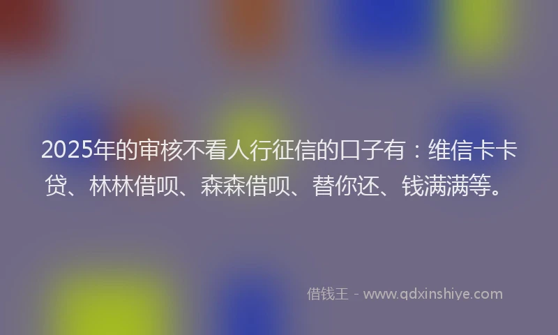 2025年的审核不看人行征信的口子有：维信卡卡贷、林林借呗、森森借呗、替你还、钱满满等。