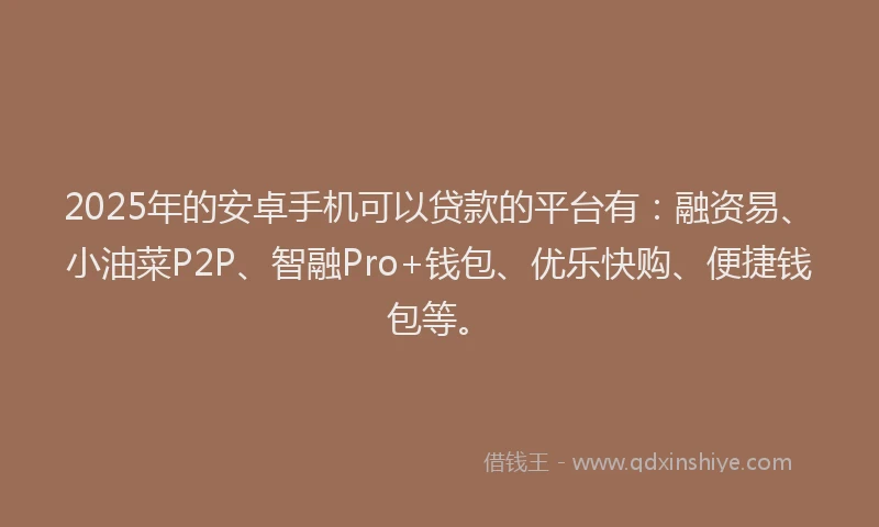 2025年的安卓手机可以贷款的平台有：融资易、小油菜P2P、智融Pro+钱包、优乐快购、便捷钱包等。