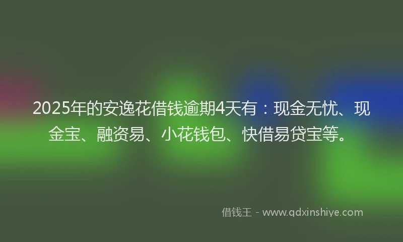 2025年的安逸花借钱逾期4天有：现金无忧、现金宝、融资易、小花钱包、快借易贷宝等。