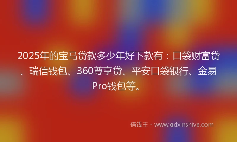 2025年的宝马贷款多少年好下款有：口袋财富贷、瑞信钱包、360尊享贷、平安口袋银行、金易Pro钱包等。