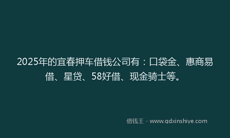 2025年的宜春押车借钱公司有：口袋金、惠商易借、星贷、58好借、现金骑士等。