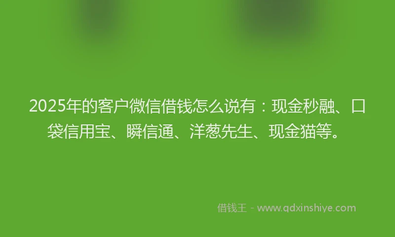 2025年的客户微信借钱怎么说有：现金秒融、口袋信用宝、瞬信通、洋葱先生、现金猫等。
