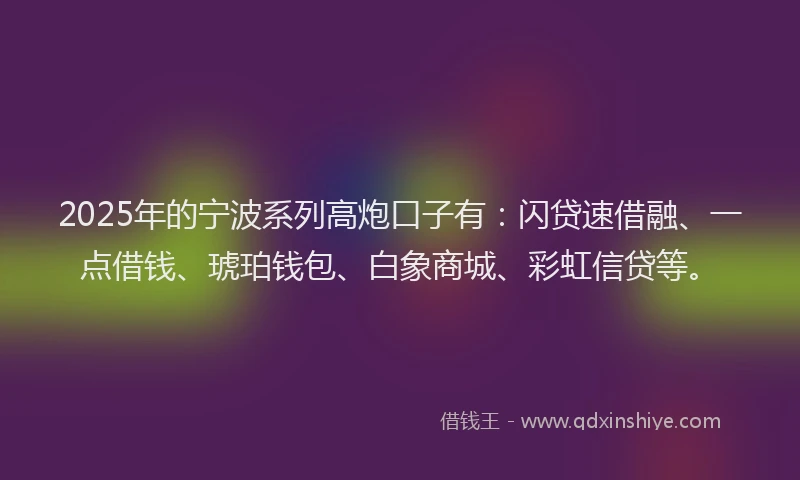 2025年的宁波系列高炮口子有：闪贷速借融、一点借钱、琥珀钱包、白象商城、彩虹信贷等。