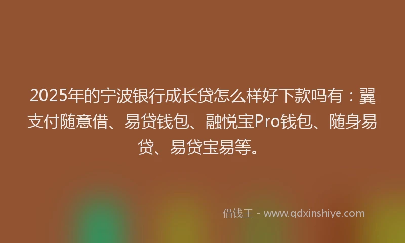 2025年的宁波银行成长贷怎么样好下款吗有：翼支付随意借、易贷钱包、融悦宝Pro钱包、随身易贷、易贷宝易等。