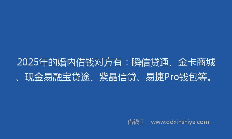 2025年的婚内借钱对方有：瞬信贷通、金卡商城、现金易融宝贷途、紫晶信贷、易捷Pro钱包等。