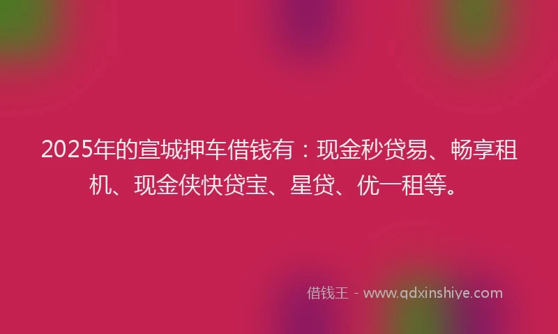 2025年的宣城押车借钱有：现金秒贷易、畅享租机、现金侠快贷宝、星贷、优一租等。