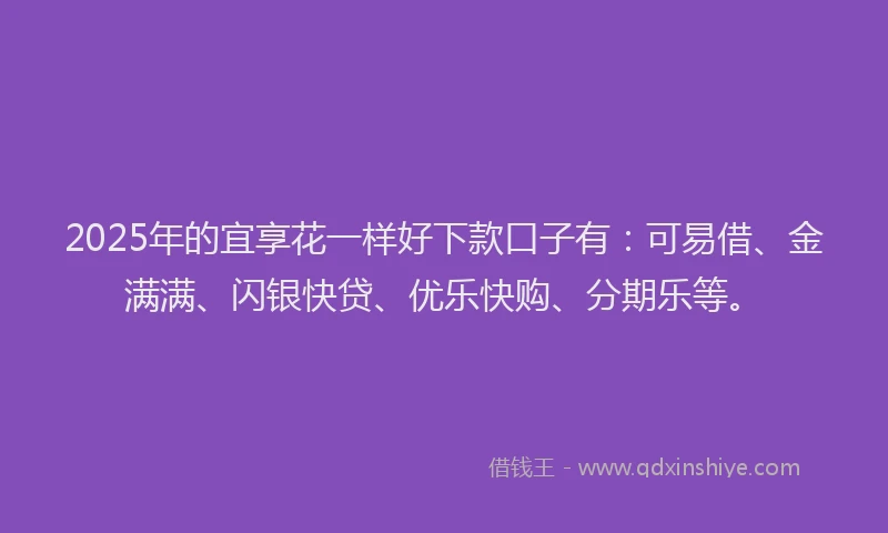 2025年的宜享花一样好下款口子有：可易借、金满满、闪银快贷、优乐快购、分期乐等。