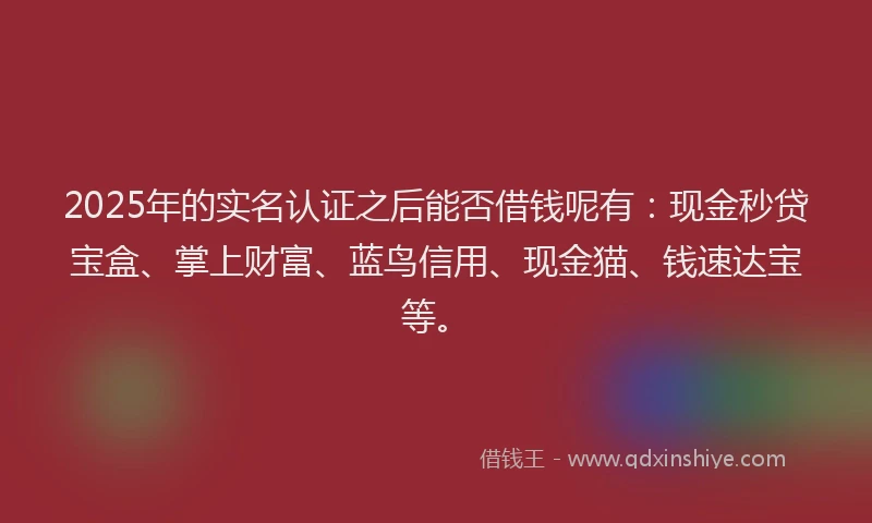 2025年的实名认证之后能否借钱呢有：现金秒贷宝盒、掌上财富、蓝鸟信用、现金猫、钱速达宝等。