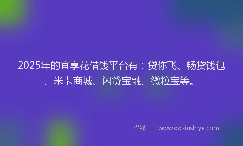 2025年的宜享花借钱平台有：贷你飞、畅贷钱包、米卡商城、闪贷宝融、微粒宝等。