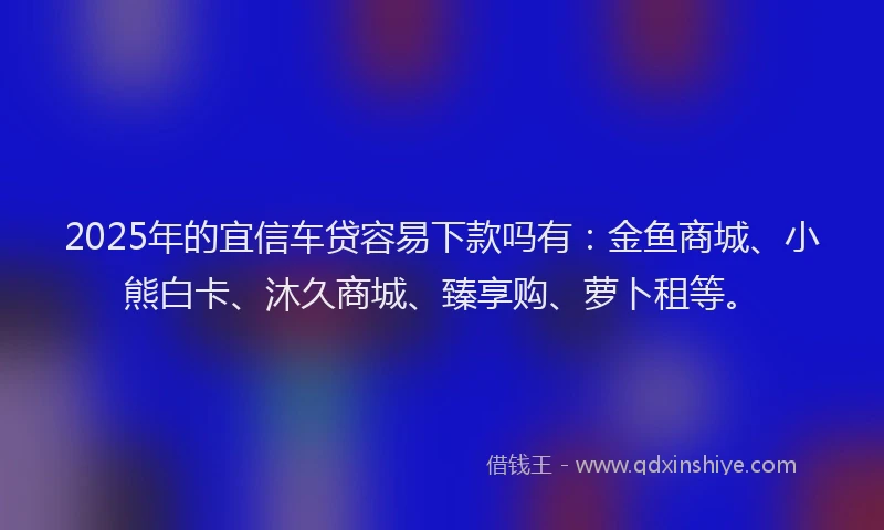 2025年的宜信车贷容易下款吗有：金鱼商城、小熊白卡、沐久商城、臻享购、萝卜租等。