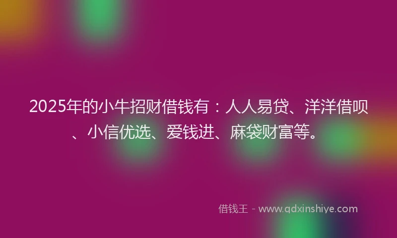 2025年的小牛招财借钱有：人人易贷、洋洋借呗、小信优选、爱钱进、麻袋财富等。