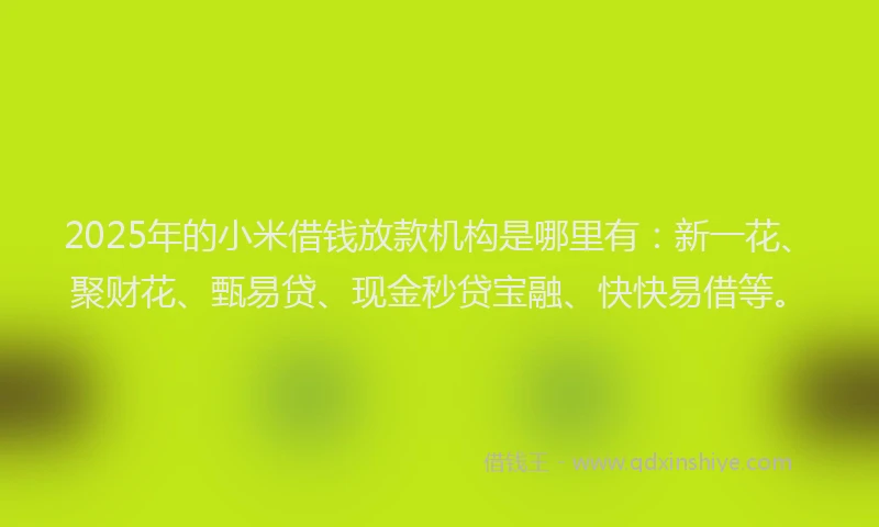 2025年的小米借钱放款机构是哪里有：新一花、聚财花、甄易贷、现金秒贷宝融、快快易借等。