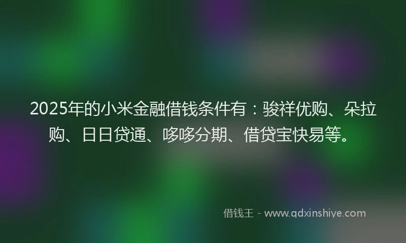2025年的小米金融借钱条件有：骏祥优购、朵拉购、日日贷通、哆哆分期、借贷宝快易等。