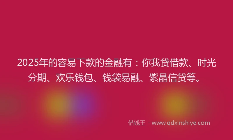 2025年的容易下款的金融有：你我贷借款、时光分期、欢乐钱包、钱袋易融、紫晶信贷等。