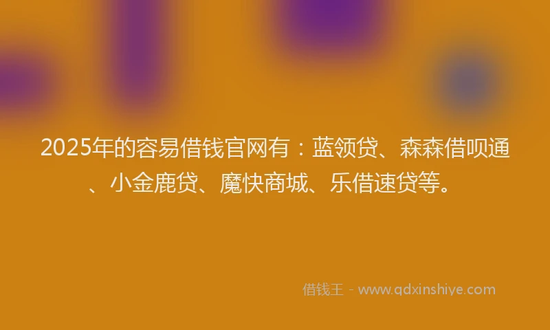 2025年的容易借钱官网有：蓝领贷、森森借呗通、小金鹿贷、魔快商城、乐借速贷等。