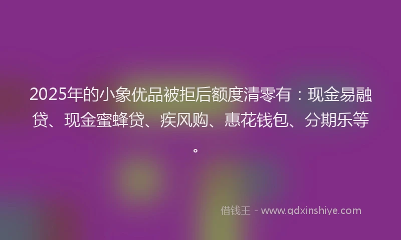 2025年的小象优品被拒后额度清零有：现金易融贷、现金蜜蜂贷、疾风购、惠花钱包、分期乐等。