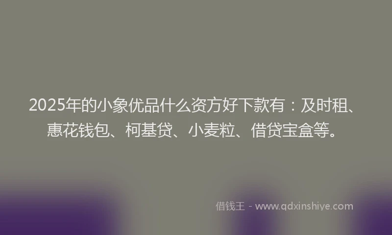 2025年的小象优品什么资方好下款有：及时租、惠花钱包、柯基贷、小麦粒、借贷宝盒等。