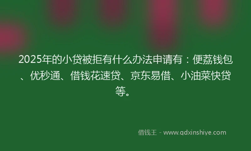 2025年的小贷被拒有什么办法申请有：便荔钱包、优秒通、借钱花速贷、京东易借、小油菜快贷等。