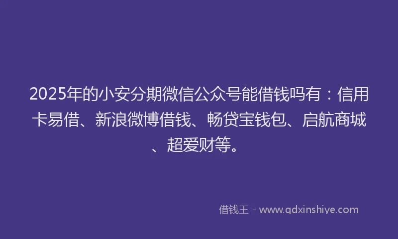 2025年的小安分期微信公众号能借钱吗有：信用卡易借、新浪微博借钱、畅贷宝钱包、启航商城、超爱财等。