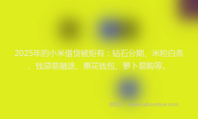 2025年的小米借贷被拒有：钻石分期、米粒白条、钱袋易融途、惠花钱包、萝卜易购等。