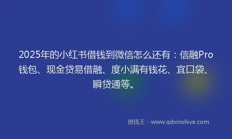 2025年的小红书借钱到微信怎么还有：信融Pro钱包、现金贷易借融、度小满有钱花、宜口袋、瞬贷通等。