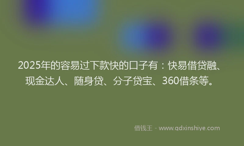 2025年的容易过下款快的口子有：快易借贷融、现金达人、随身贷、分子贷宝、360借条等。
