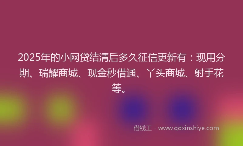 2025年的小网贷结清后多久征信更新有：现用分期、瑞耀商城、现金秒借通、丫头商城、射手花等。