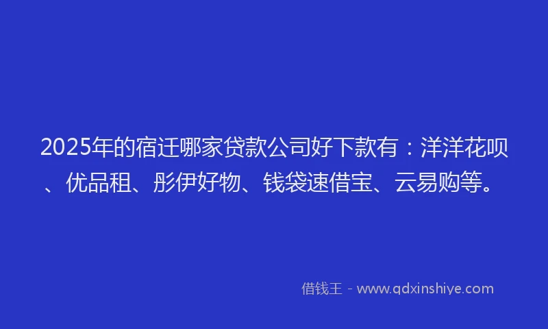 2025年的宿迁哪家贷款公司好下款有：洋洋花呗、优品租、彤伊好物、钱袋速借宝、云易购等。