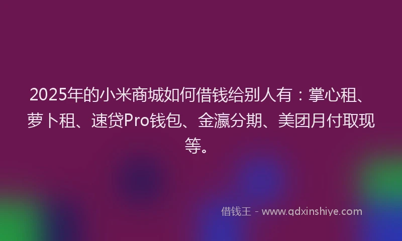 2025年的小米商城如何借钱给别人有：掌心租、萝卜租、速贷Pro钱包、金瀛分期、美团月付取现等。