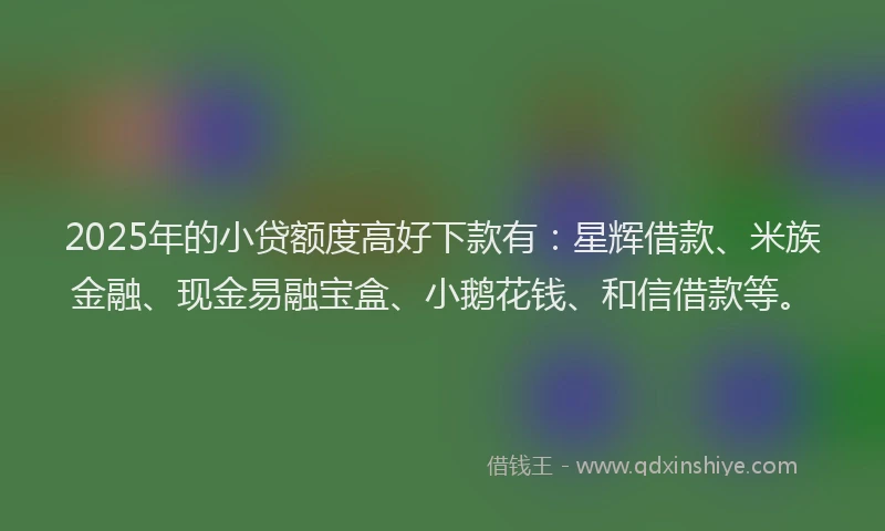 2025年的小贷额度高好下款有：星辉借款、米族金融、现金易融宝盒、小鹅花钱、和信借款等。