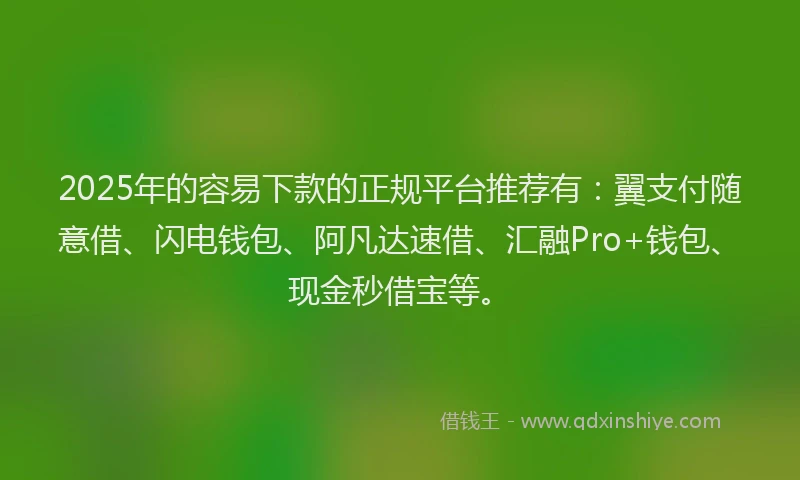 2025年的容易下款的正规平台推荐有：翼支付随意借、闪电钱包、阿凡达速借、汇融Pro+钱包、现金秒借宝等。